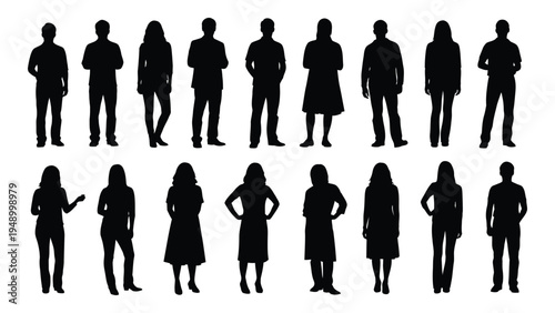 Collection of diverse human silhouettes in various poses and attire for design and illustration purposes