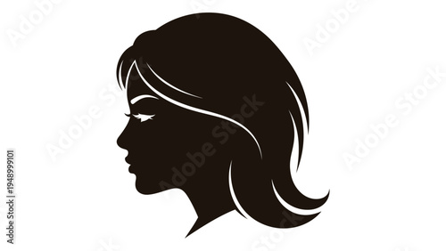 A dark brown silhouette of a woman's head in profile, facing left, with medium length hair and a sleek, modern design aesthetic, against a plain white background
