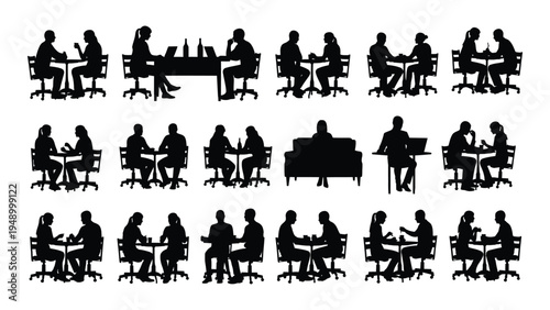Silhouette illustrations of business meetings and team collaboration in various settings