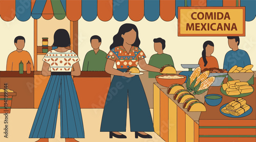 Vibrant illustration of a Mexican street food market with people and dishes