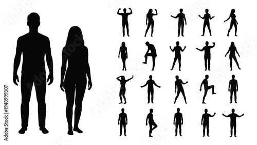 Collection of black silhouette human figures in various poses and actions for graphic design and illustration purposes