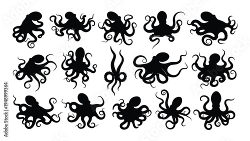 A collection of unique octopus silhouettes with tentacles and arms in various positions and angles on a white background