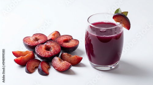 Fresh Plum Juice with Sliced Plums on Clean White Background