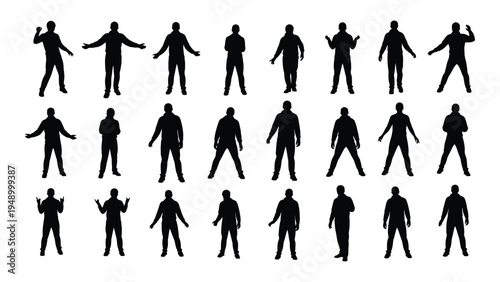 Collection of black silhouette figures of people in various dance poses and movements