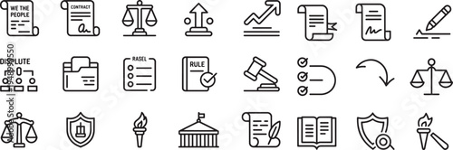 Justice and law concept icons including documents scales of justice and legal building symbols