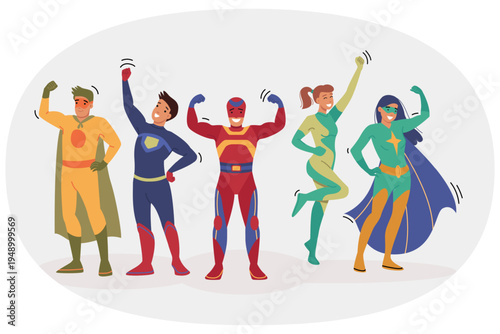 Team of superheroes raise hands in air, celebrating victory over villain thanks to collaboration. People in superheroes costumes are proud of achievements in destroying bandits and criminals
