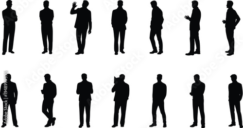 Business men silhouettes collection, standing talking walking professional male people vector set isolated on white background