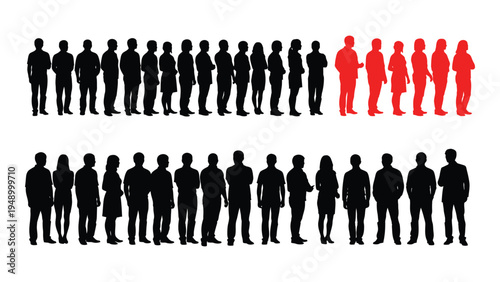 A group of people standing in two rows with some individuals highlighted in red to signify difference or distinction within the crowd.