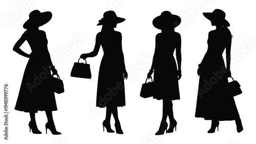 Four elegant women in silhouette posing with hats and handbags in a stylish and fashionable display of modern female beauty and sophistication