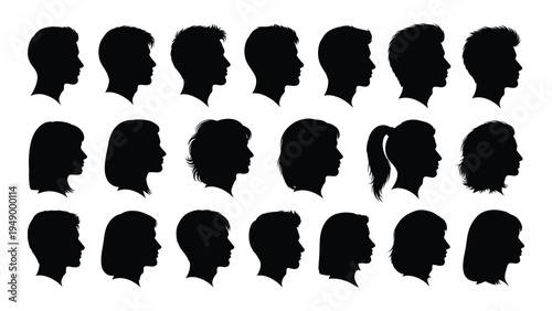 A collection of diverse human head silhouettes in profile view, showcasing various hair styles and head shapes