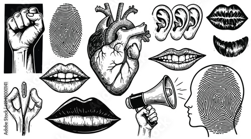 Collection of various body parts with fingerprints and mouths and a megaphone on white background