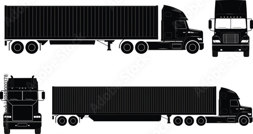 Container semi truck vector illustration set, cargo transport trailer vehicle collection, logistics freight delivery transport design