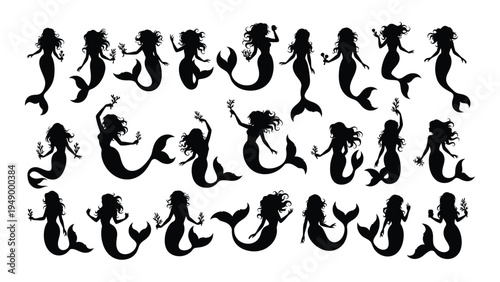 A collection of 20 unique mermaid silhouettes in various poses and orientations on a white background, showcasing their mythical tails and upper body features.