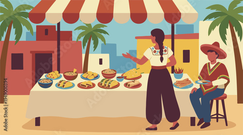 Colorful illustration of a bustling Mexican street food market with people