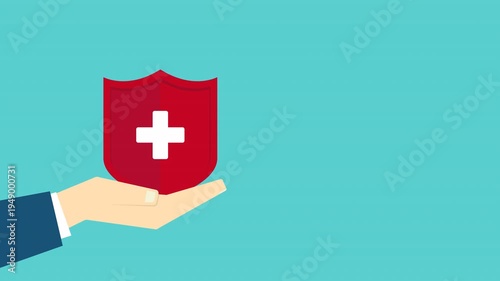 Health Insurance Protection Animation – Hand Holding Medical Shield with Cross Symbol, Healthcare Safety Concept, Hospital Coverage Security Motion Background