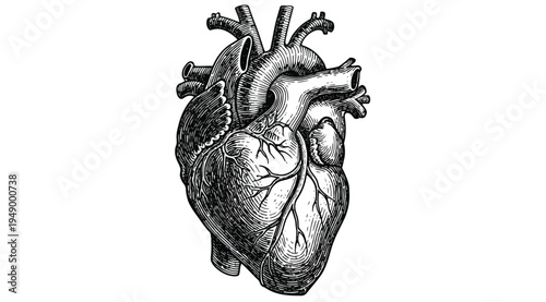 A detailed black and white illustration of a human heart isolated on white background with veins and arteries visible