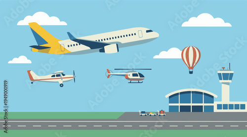 Flat design illustration of air travel with various aircraft and airport