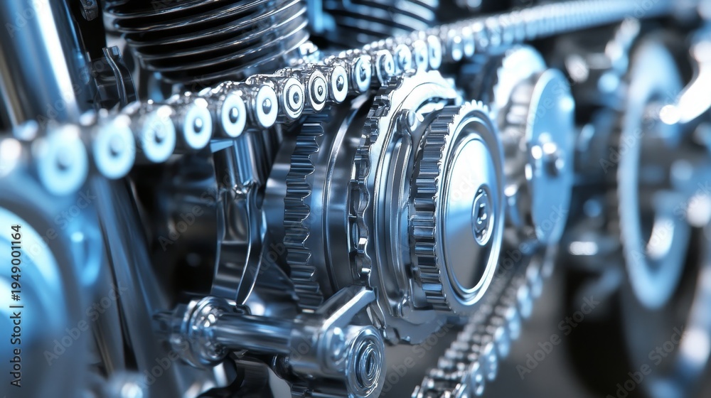 Fototapeta premium Shiny metallic gears and chain mechanism in close-up, showcasing intricate mechanical detail and precision