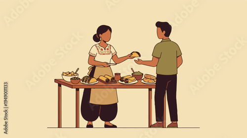 Woman serving Mexican street food to a man at a vibrant stall