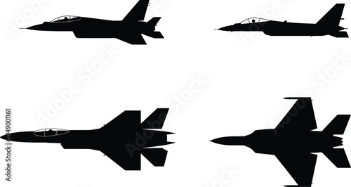 Fighter jet aircraft silhouettes vector set, military combat airplane side and top views, aviation warplane icon collection