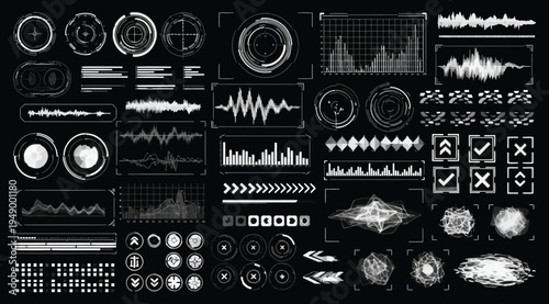 Collection of various white sound waveforms and audio signal patterns on black background