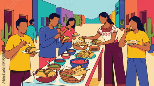 Diverse group of people enjoying Mexican street food at an outdoor fiesta