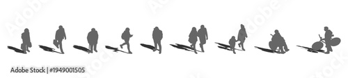 A collection of top view silhouette vector Isometric Diverse People figures with gray shadows underneath, useful for realistic architectural plans.