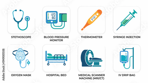 Medical Equipment Vector Icons Set – Stethoscope, Blood Pressure Monitor, Thermometer, Syringe Injection, Oxygen Mask, Hospital Bed, MRI CT Scanner, IV Drip Bag Illustration