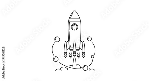 A stylized rocket ship ascending with fiery propulsion and orbiting celestial bodies isolated on transparent background, Vector