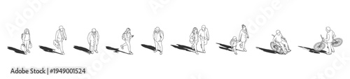 A collection of top view vector Isometric Diverse People figures with gray shadows underneath, useful for realistic architectural plans.