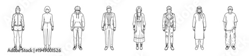 Front View Diverse People Vector Set - Minimalist Monochrome Line Art Figures in Various Outfits for UI-UX, Fashion Design, and Architectural Entourage