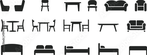 Furniture icons vector set, chairs tables sofas and beds collection, home interior furniture silhouettes for living room design