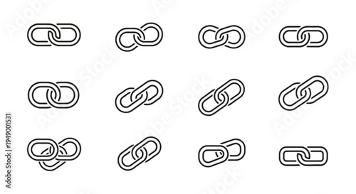 A collection of various link chain icons featuring different angles and styles for web design isolated on transparent background, Vector