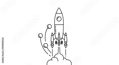 Simple line drawing of a rocket launching from a hand isolated on transparent background, Vector