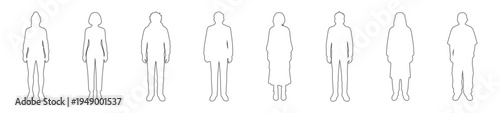 Front View Diverse People Outline Vector Set - Minimalist Monochrome Line Art Figures in Various Outfits for UI-UX, Fashion Design, and Architectural Entourage