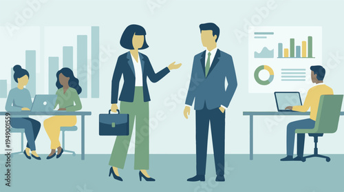 Business professionals collaborating in a modern office with data visualization