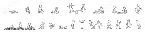 Hand Drawn Kids Activity Outline Set, Children Playing Walking Sitting Crawling Studying Building Blocks Seesaw Balance Learning and Daily Actions Minimal Line Art Vector Collection