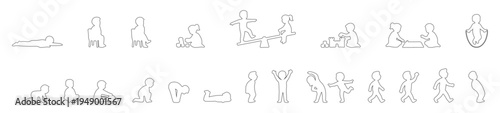 Hand Drawn Kids Activities Outline Set, Children Playing Walking Sitting Crawling Studying Building Blocks Seesaw Balance Learning and Daily Actions Minimal Line Art Character Vector Collection
