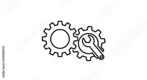 Two interlocking mechanical gear wheels with a wrench tool symbol representing repair and service isolated on transparent background, Vector
