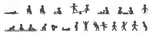 Kids Activities Silhouette Set, Children Playing Walking Sitting Crawling Studying Building Blocks Seesaw Balance Learning and Daily Actions Black Silhouette Character Collection for Education
