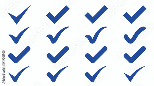 Collection of various blue checkmark icons and tick symbols in different styles isolated on white background, concept for task management, project completion and quality approval
