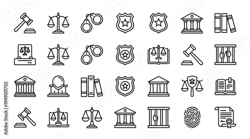 Set of law and justice line icons including gavel scales handcuffs courthouse police badge books and prison bars on white, concept for legal services, judicial system and law firm branding