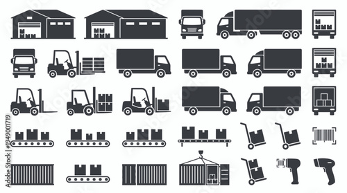 Warehouse and logistics icon set including delivery trucks, forklifts, shipping containers, conveyor belts and storage facility silhouettes, concept for supply chain, freight and commerce