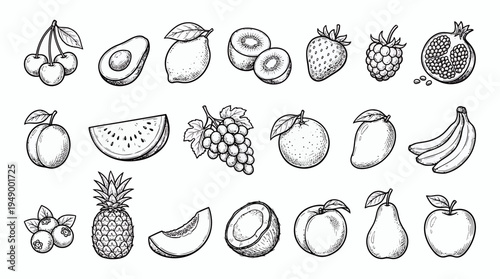 Set of hand drawn vintage engraved fruit icons including apple orange banana and berries on white background, concept for organic food packaging, healthy menu design and botanical illustrations