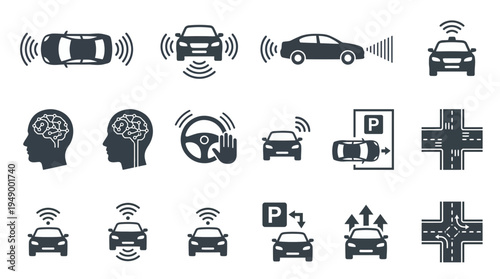 Set of autonomous self driving car icons featuring smart sensors and artificial intelligence brain symbols, concept for smart mobility solutions, automotive innovation and future transportation