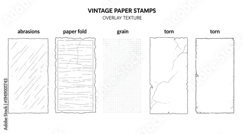 Vintage paper texture stamps with abrasions, folds, grain, and torn effects for overlay design