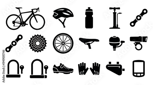 Collection of professional bicycle gear and accessories silhouettes including helmet bike pump and tools on white background, concept for cycling equipment shop, sports blog and racing icons