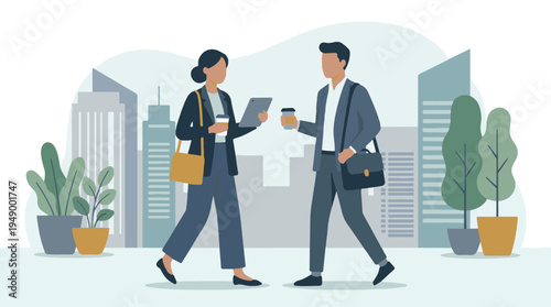 Business colleagues walking in urban setting with coffee and tablet