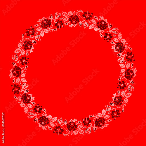 Ukrainian embroidery floral wreath vector illustration inspired by traditional vyshyvanka ornament. Decorative circular frame with red roses, branches and leaves created in cross stitch