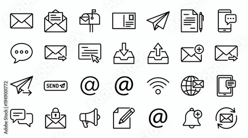 Minimalist black line icons set of email communication and digital messaging on white background, concept for interface design, business marketing and web development